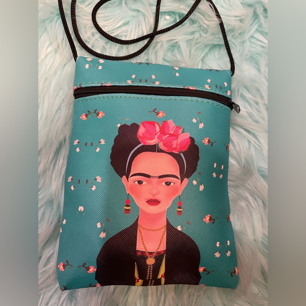 Crossbody Small OS Frida Kahlo Turquoise with black painting of her front zipper